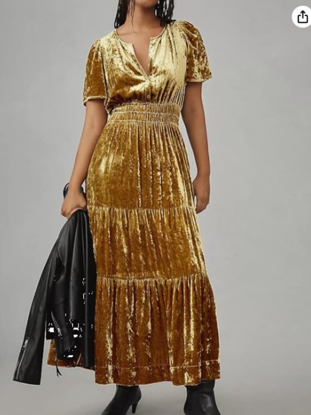 R. Vivimos Women's Tiered Flowy Velvet Maxi Dress with Smocked Waist Gold